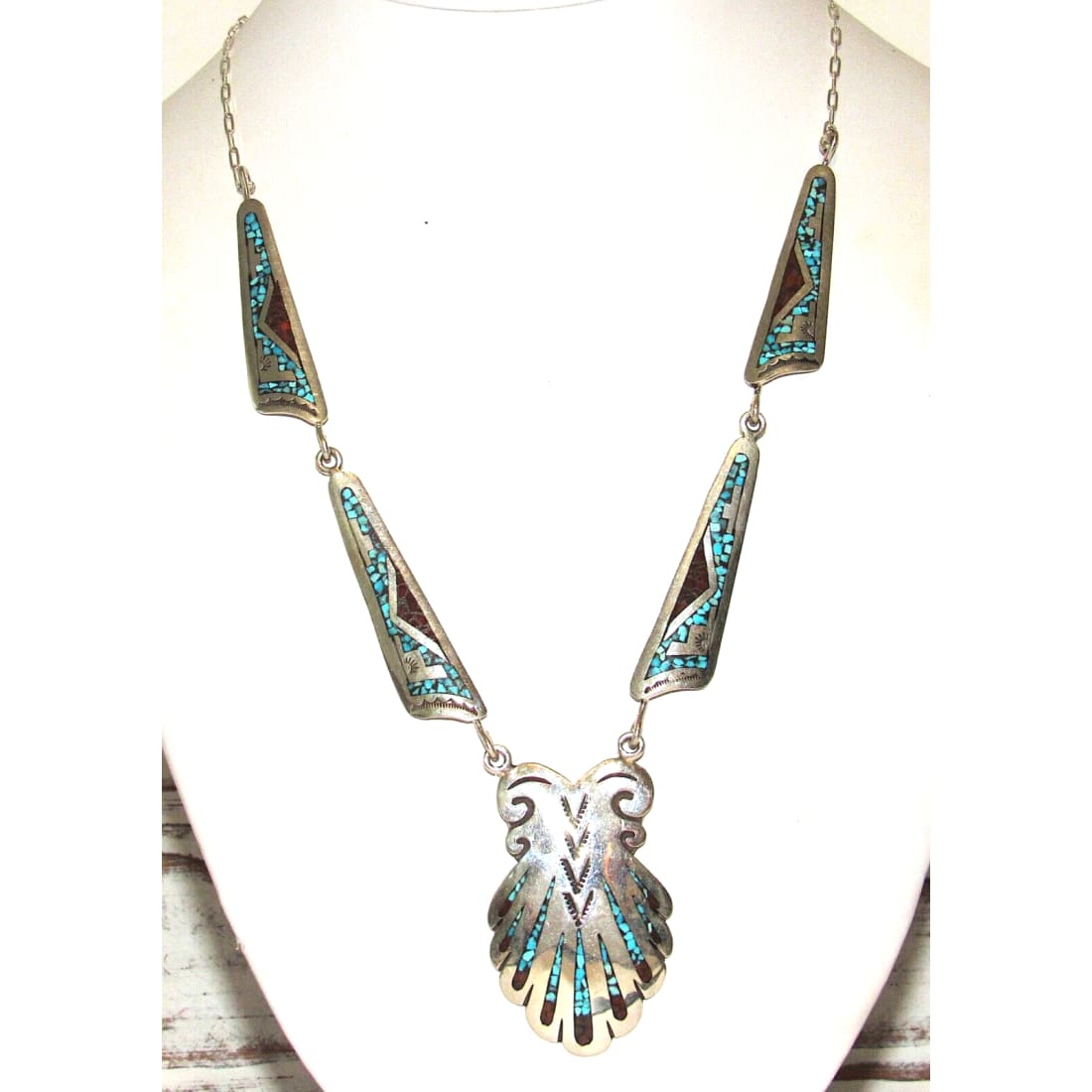 Navajo Charlie Singer Turquoise Coral Inlay Necklace Native