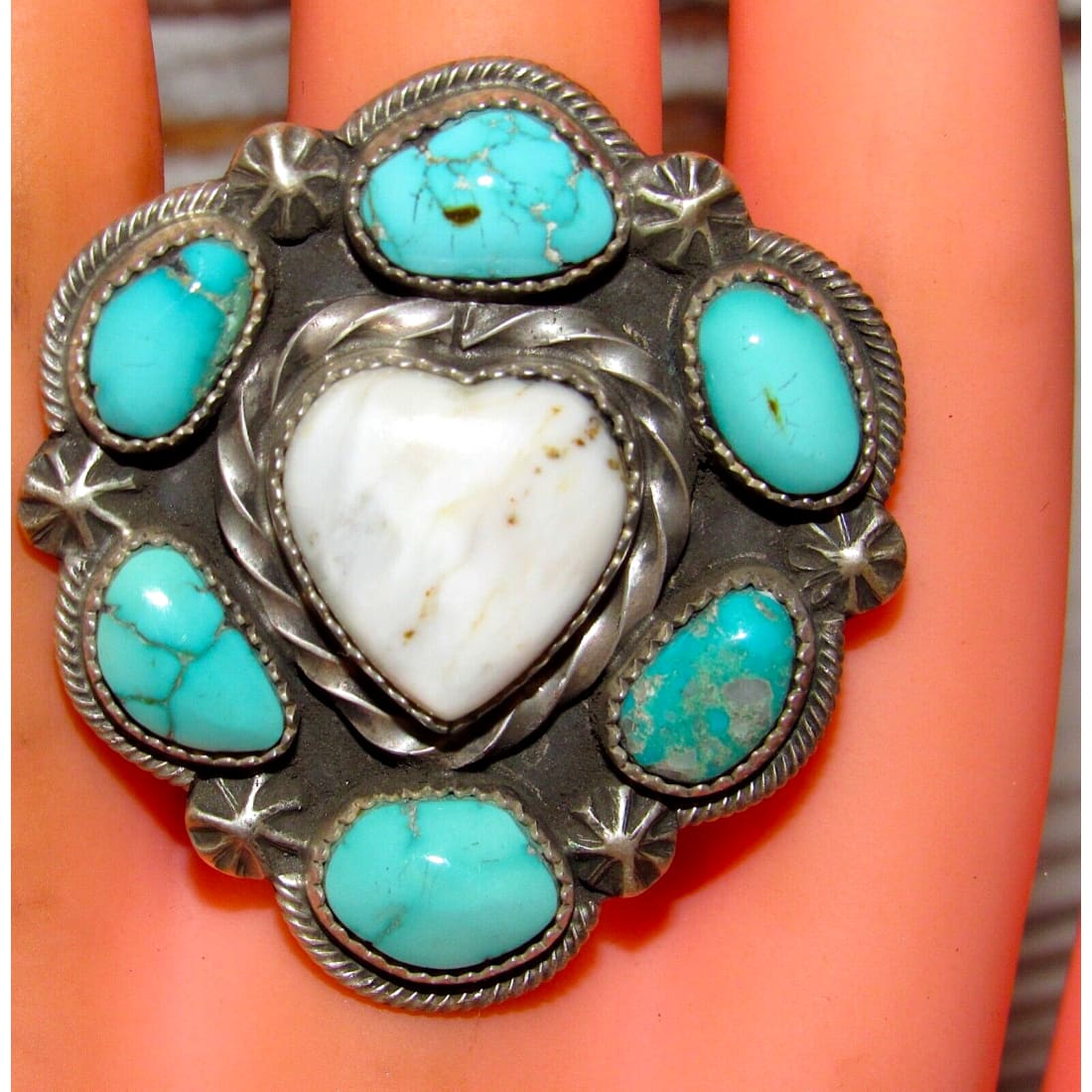 Navajo Cluster Heart Ring White Buffalo & Turquoise Sterling