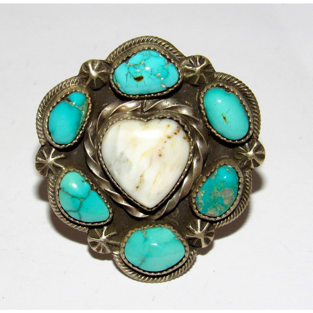 Navajo Cluster Heart Ring White Buffalo & Turquoise Sterling