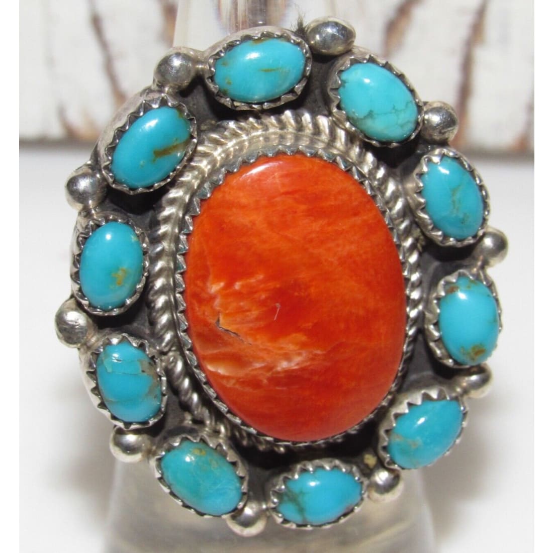 Navajo Cluster Ring Sz 7 Orange Spiny Oyster Turquoise 