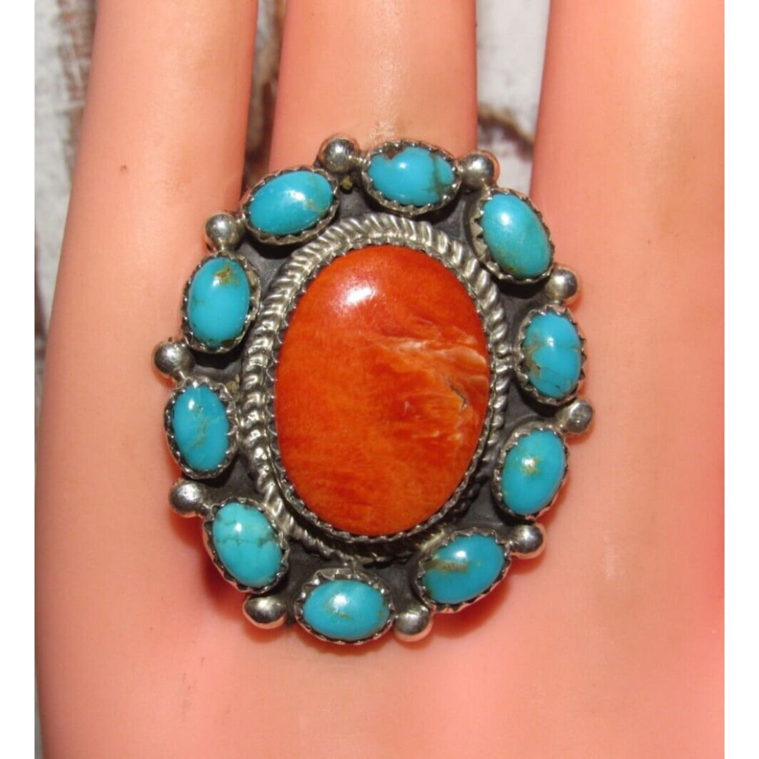 Navajo Cluster Ring Sz 7 Orange Spiny Oyster Turquoise 