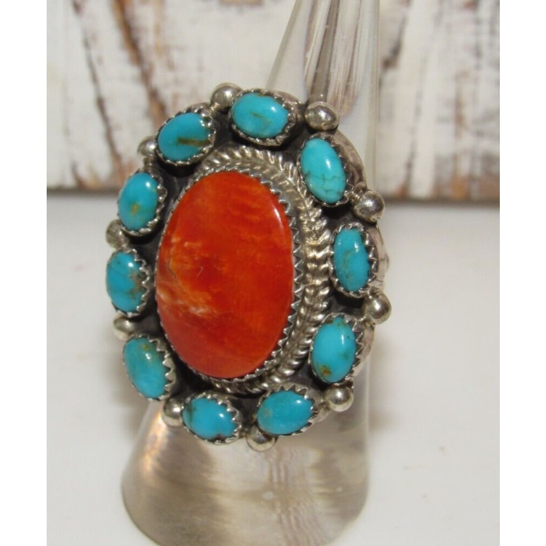 Navajo Cluster Ring Sz 7 Orange Spiny Oyster Turquoise 