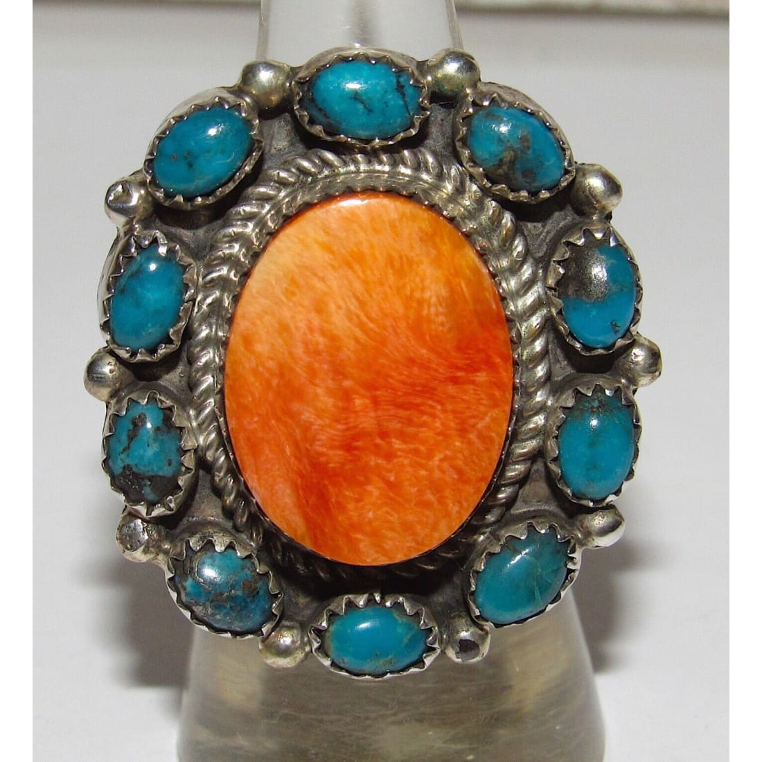 Navajo Cluster Ring Sz 7 Orange Spiny Oyster Turquoise 