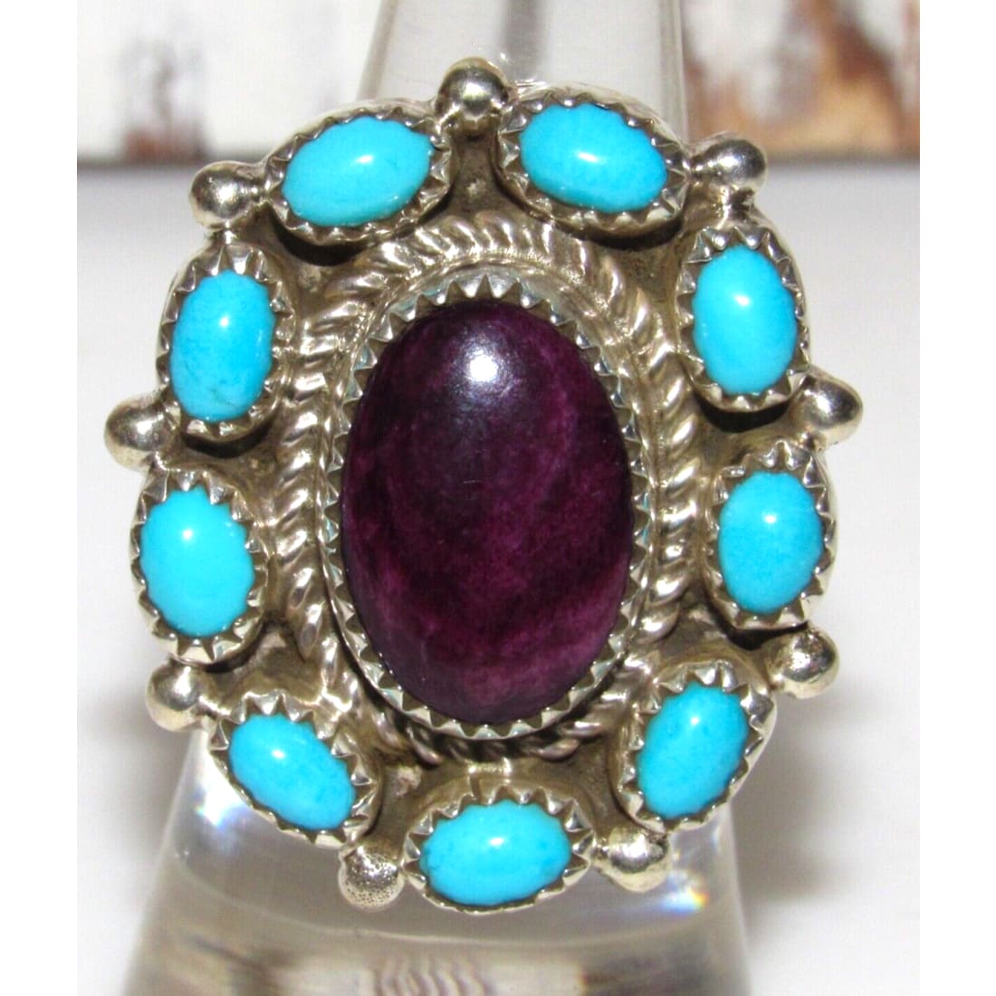Navajo Cluster Ring Sz 7 Purple Spiny Oyster Turquoise 