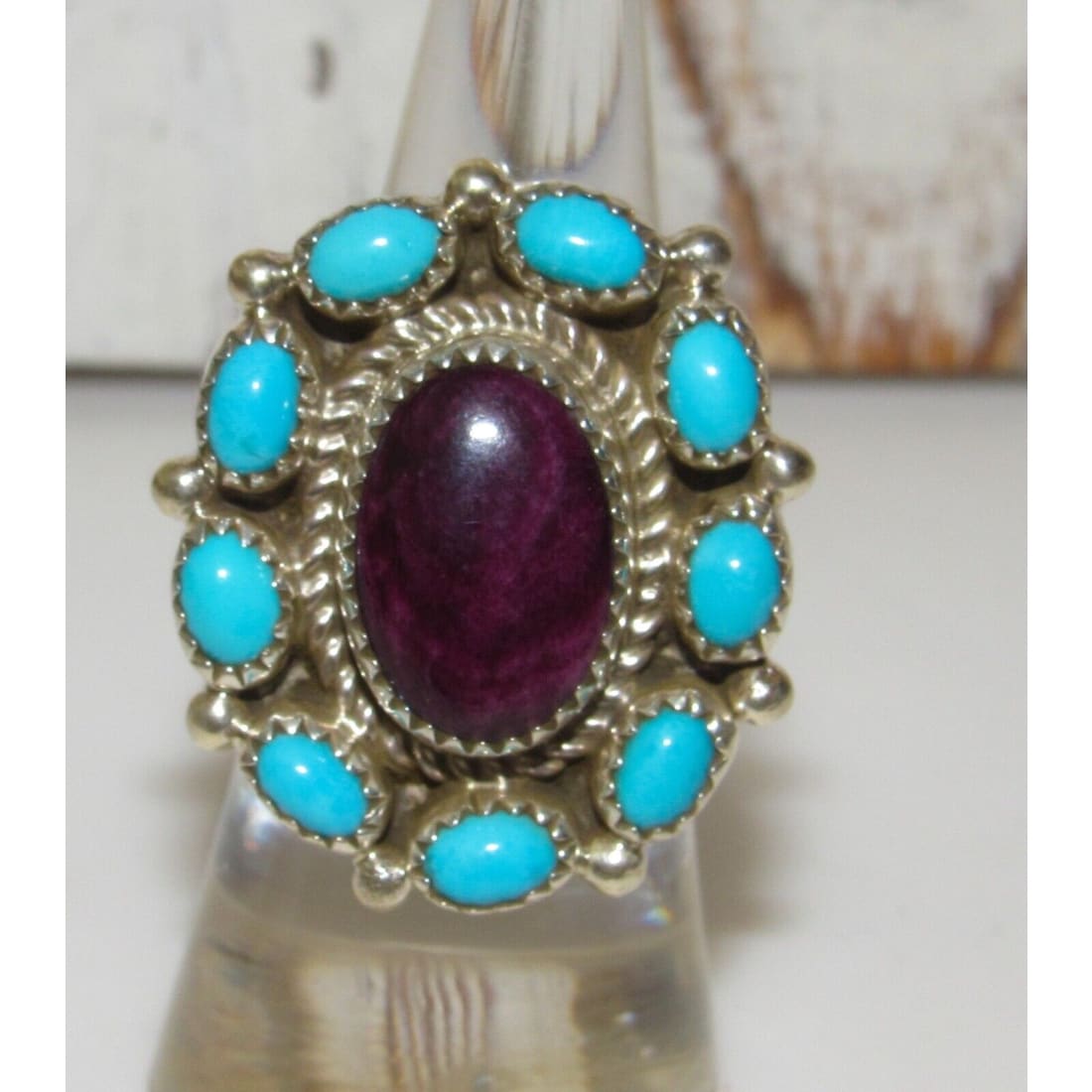 Navajo Cluster Ring Sz 7 Purple Spiny Oyster Turquoise 