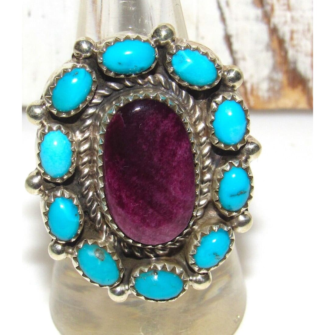 Navajo Cluster Ring Sz 8 Purple Spiny Oyster Kingman 