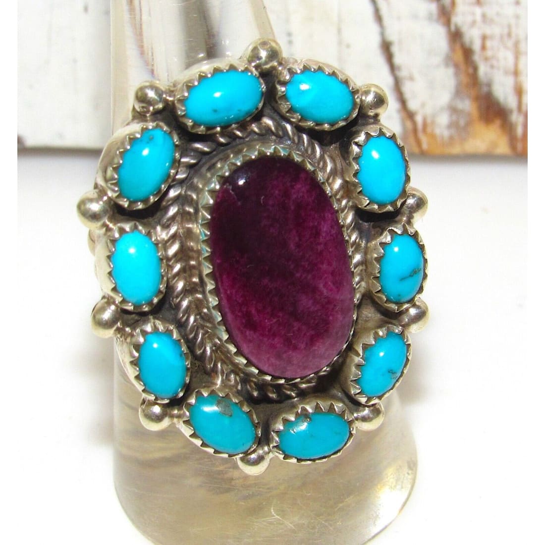 Navajo Cluster Ring Sz 8 Purple Spiny Oyster Kingman 