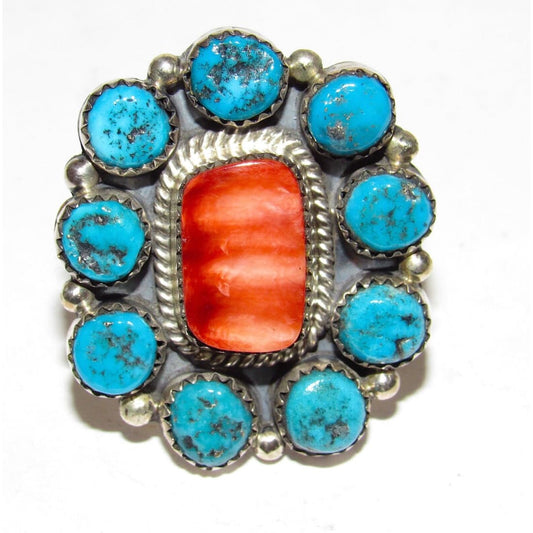 Navajo Cluster Ring Sz 9 Orange Spiny Oyster Kingman