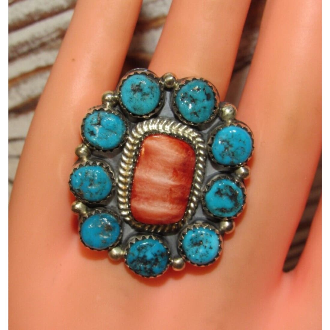 Navajo Cluster Ring Sz 9 Orange Spiny Oyster Kingman