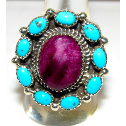 Navajo Cluster Ring Sz 9 Purple Spiny Oyster Kingman Turquoise Sterling Silver Native American