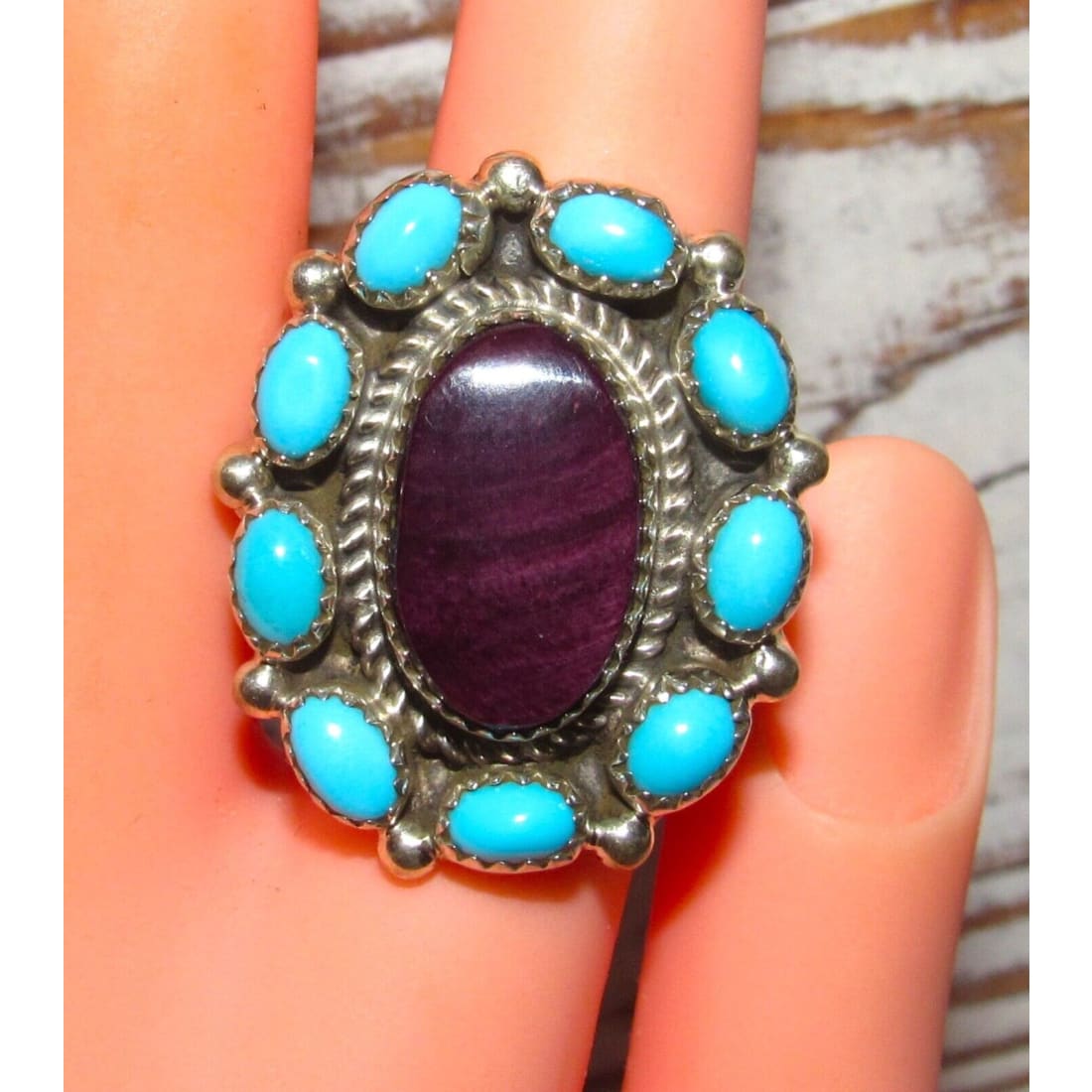 Navajo Cluster Ring Sz 9 Purple Spiny Oyster Turquoise 
