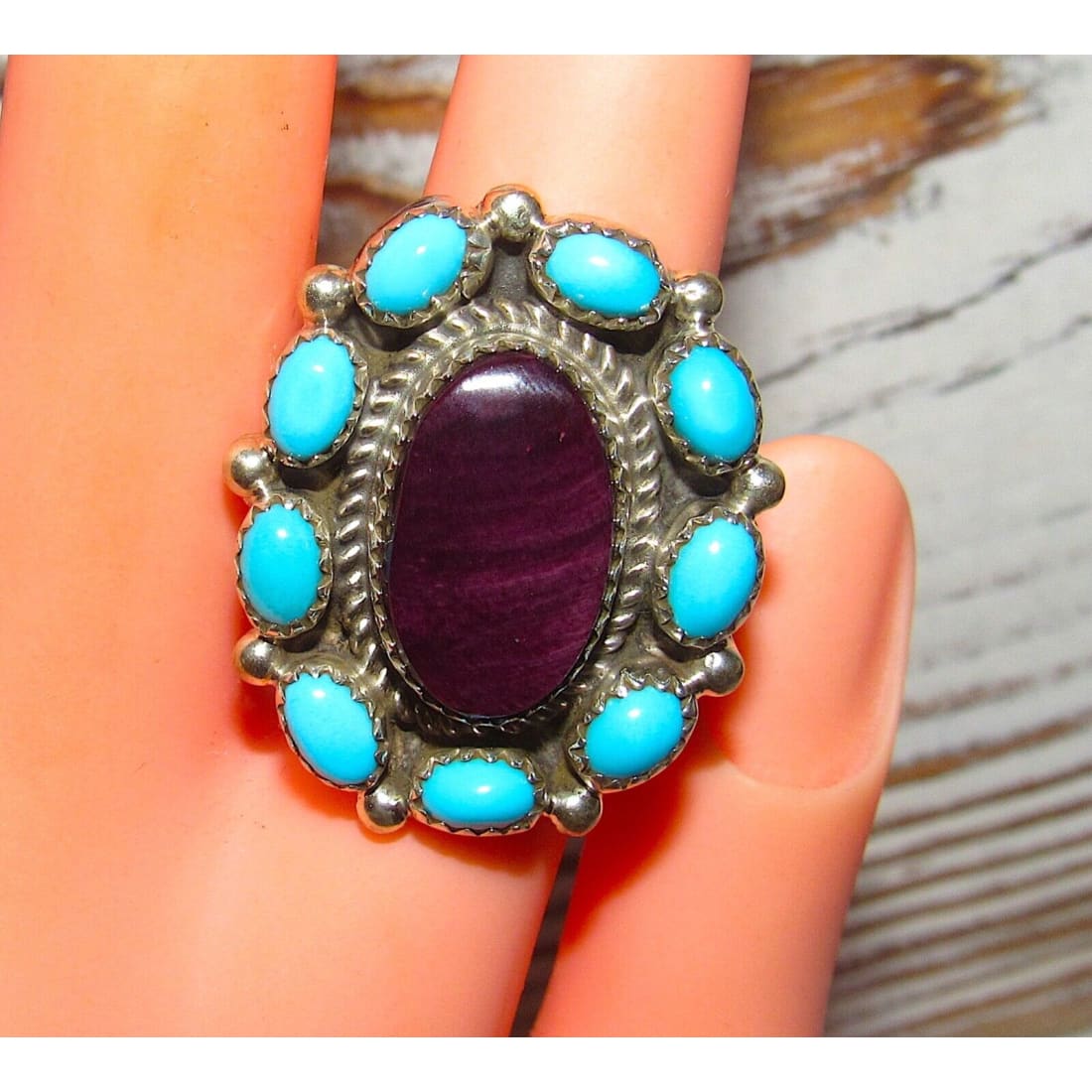 Navajo Cluster Ring Sz 9 Purple Spiny Oyster Turquoise 