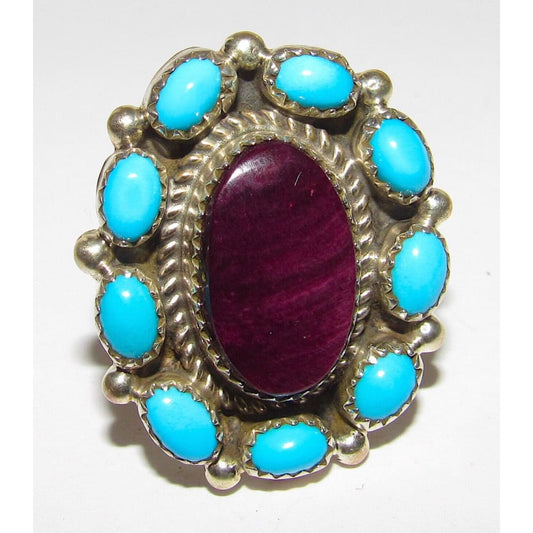 Navajo Cluster Ring Sz 9 Purple Spiny Oyster Turquoise 