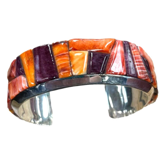 Navajo Cobble Stone Inlay Bracelet Purple Red Orange Spiny 