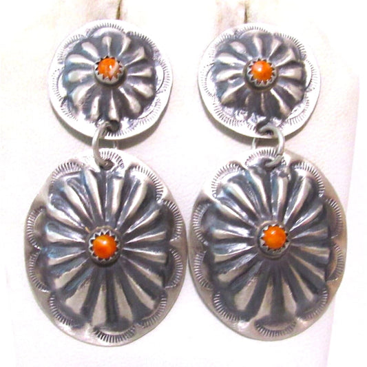 Navajo Concho Earrings Sterling Silver Orange Spiny Signed 