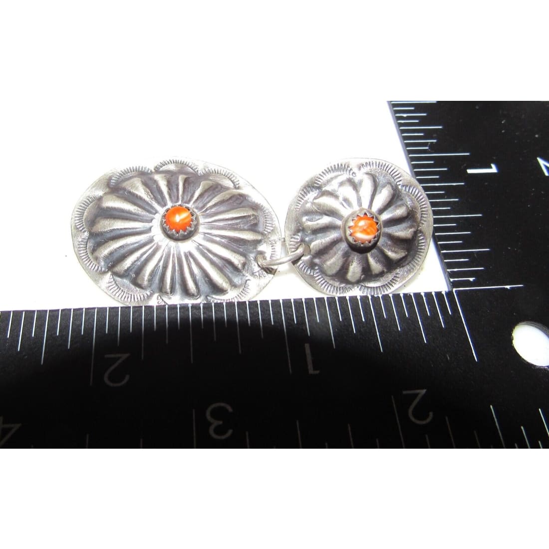 Navajo Concho Earrings Sterling Silver Orange Spiny Signed 
