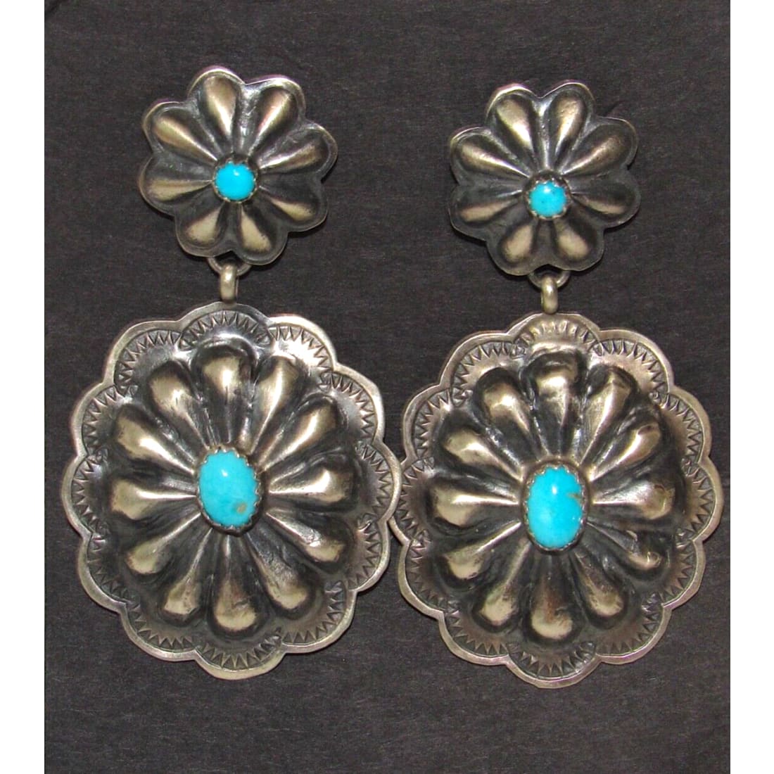 Navajo Concho Earrings Sterling Silver Sleeping Beauty 