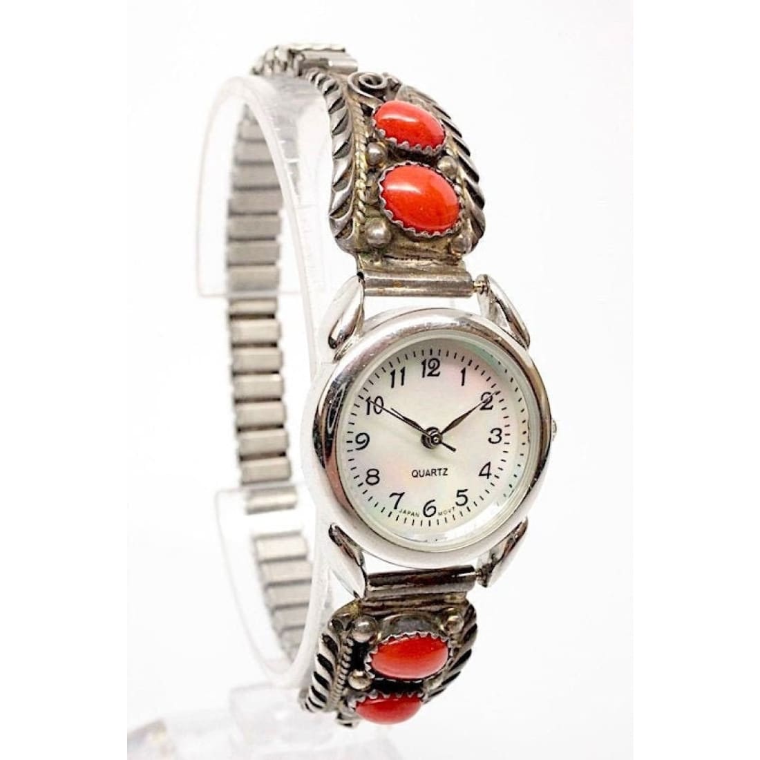 Navajo Coral Adjustable Watch Sterling Silver Mediterranean Coral Vintage Native American Watch Tips Watch Signed Vivian Jones The Southwestern Style Gallery