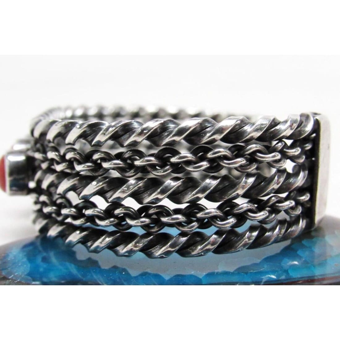 Navajo Coral Cuff Bracelet Sterling Silver Twisted Rope 