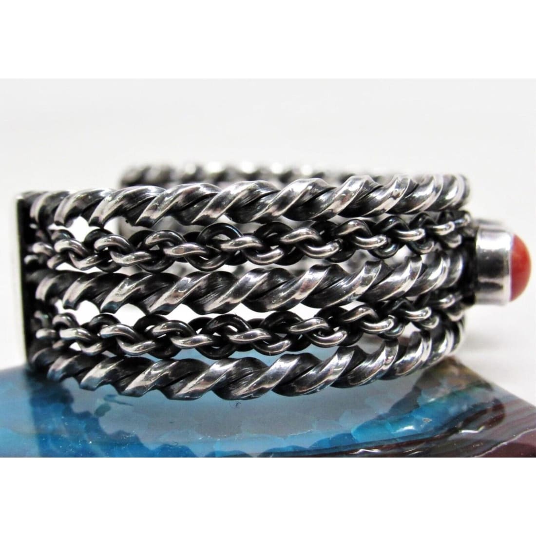 Navajo Coral Cuff Bracelet Sterling Silver Twisted Rope 