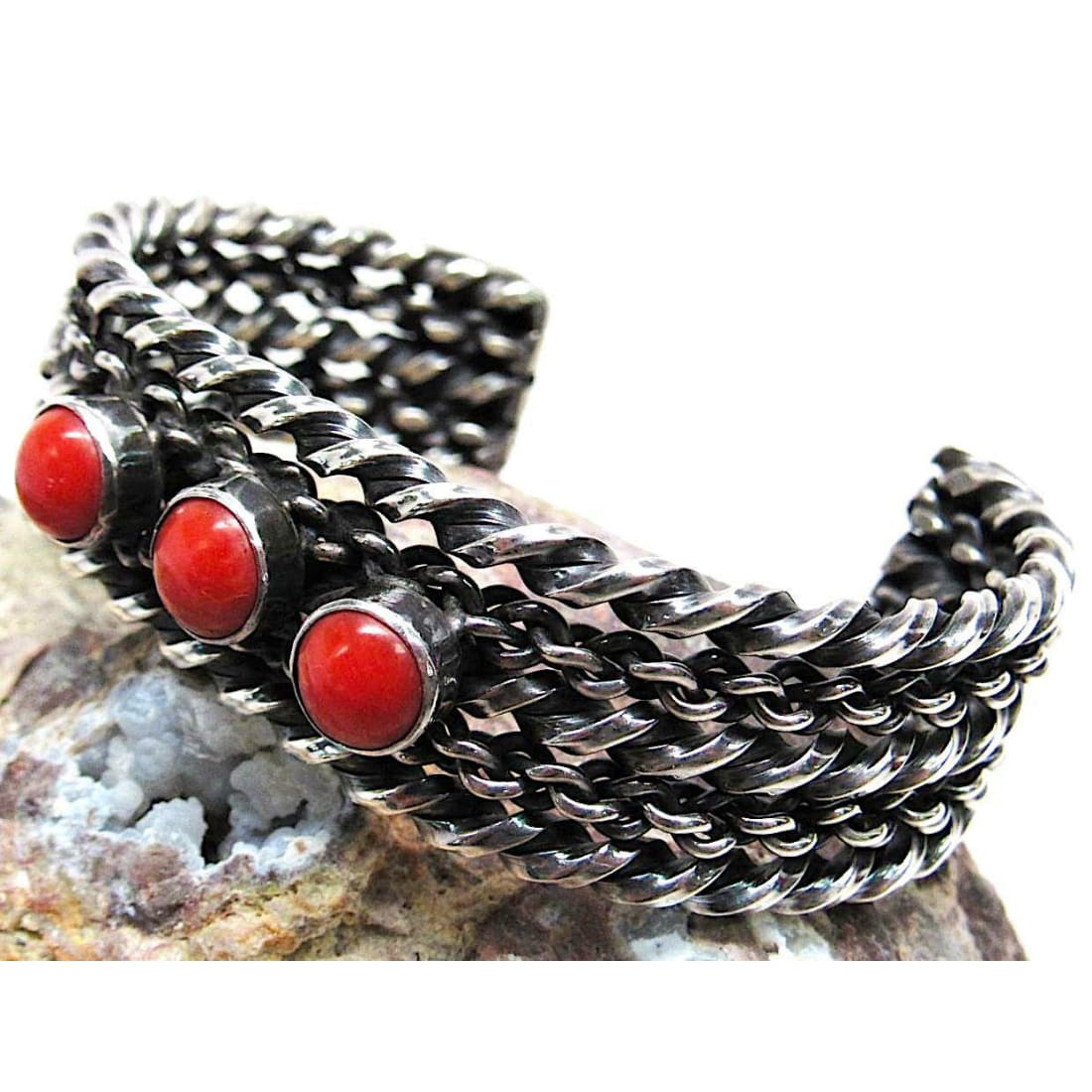 Navajo Coral Cuff Bracelet Sterling Silver Twisted Rope 