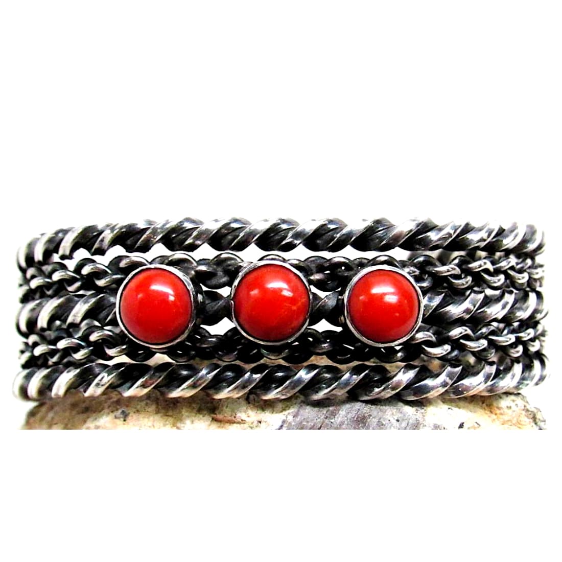 Navajo Coral Cuff Bracelet Sterling Silver Twisted Rope 