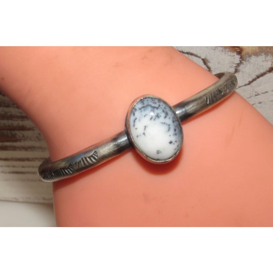 Navajo Dendritic Opal Bracelet Sterling Silver Stacker Cuff G. Nez Sand Cast Native American