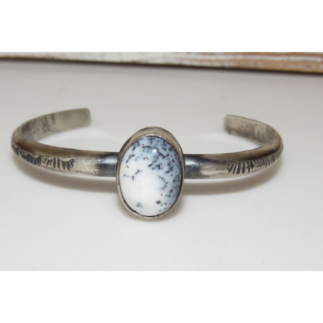 Navajo Dendritic Opal Bracelet Sterling Silver Stacker Cuff G. Nez Sand Cast Native American