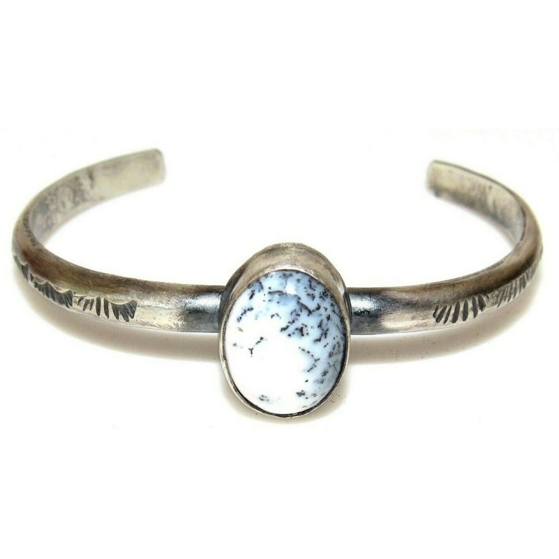 Navajo Dendritic Opal Bracelet Sterling Silver Stacker Cuff G. Nez Sand Cast Native American