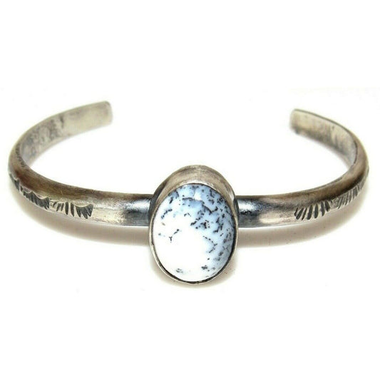 Navajo Dendritic Opal Bracelet Sterling Silver Stacker Cuff G. Nez Sand Cast Native American
