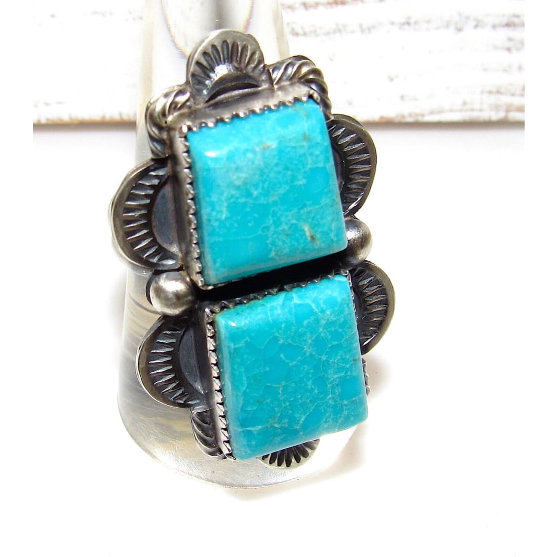 Navajo Double Turquoise Adjustable Ring Sterling Silver 