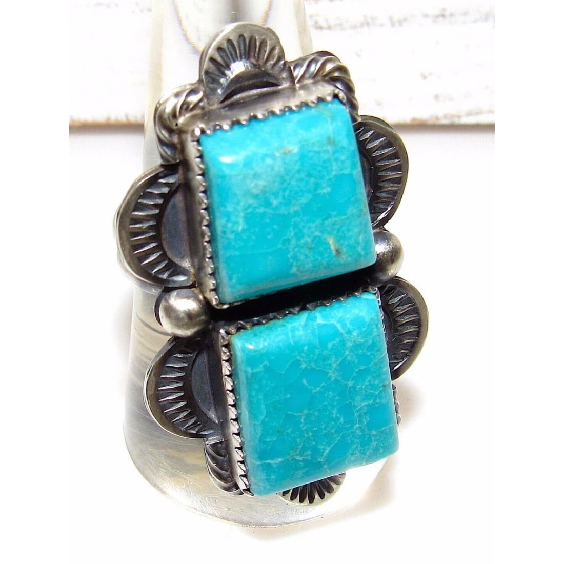 Navajo Double Turquoise Adjustable Ring Sterling Silver 