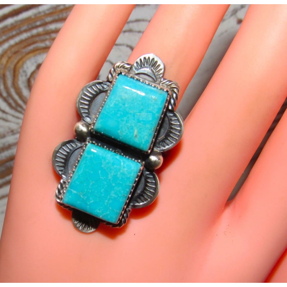 Navajo Double Turquoise Adjustable Ring Sterling Silver 