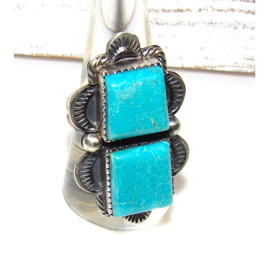 Navajo Double Turquoise Adjustable Ring Sterling Silver 