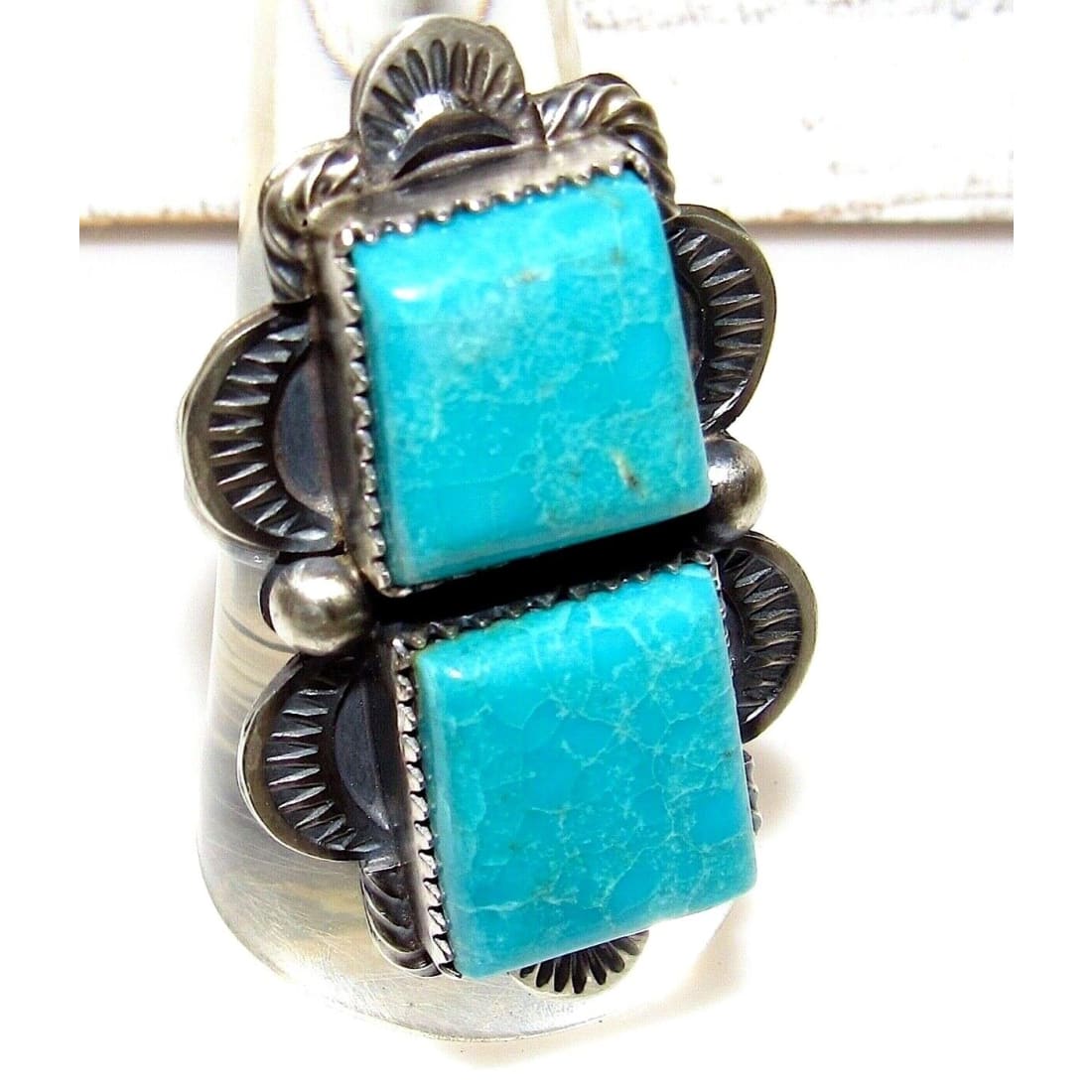 Navajo Double Turquoise Adjustable Ring Sterling Silver 