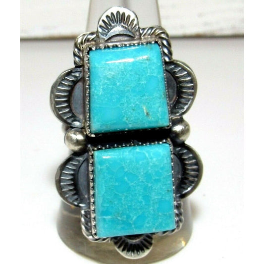 Navajo Double Turquoise Adjustable Ring Sterling Silver 