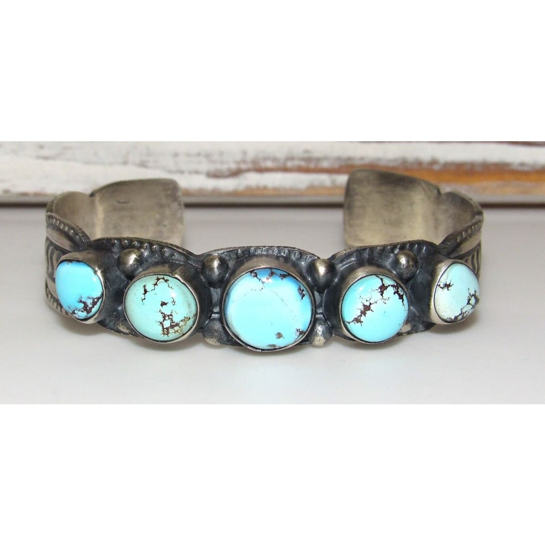 Navajo Golden Hills Turquoise Row Cuff Bracelet Sterling 