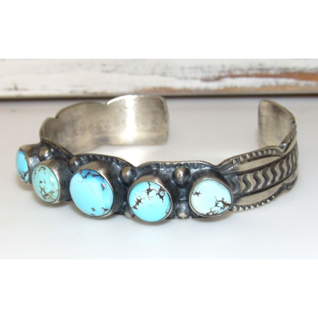 Navajo Golden Hills Turquoise Row Cuff Bracelet Sterling 