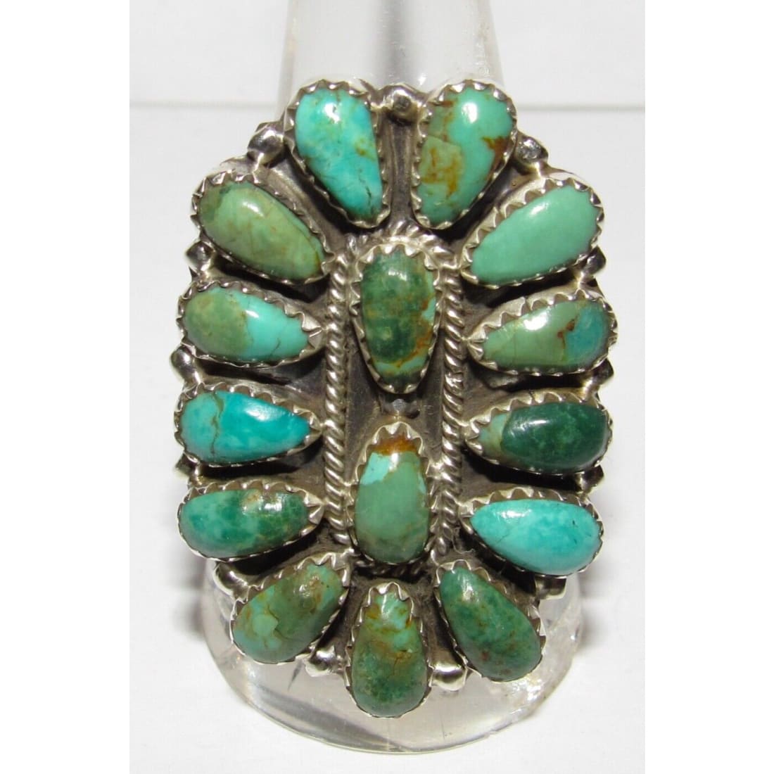 Navajo Green Turquoise Cluster Ring Sz 9.5 Sterling Silver