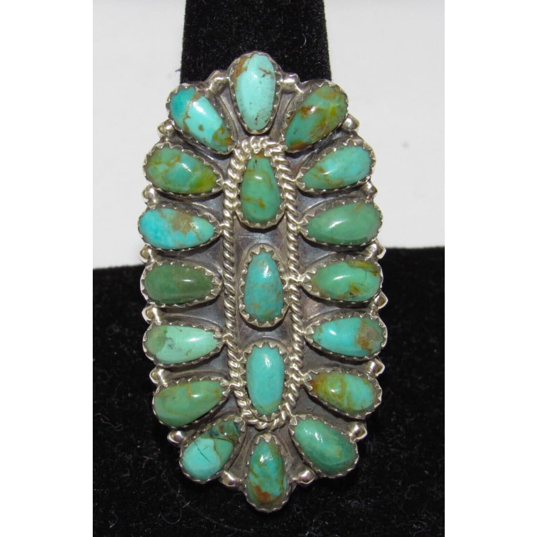 Navajo Green Turquoise Statement Cluster Ring Sz 9 Sterling