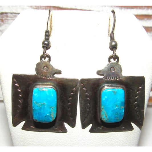 NAVAJO Hand Stamped Sterling Silver Kingman Turquoise Thunderbird EARRINGS Native American