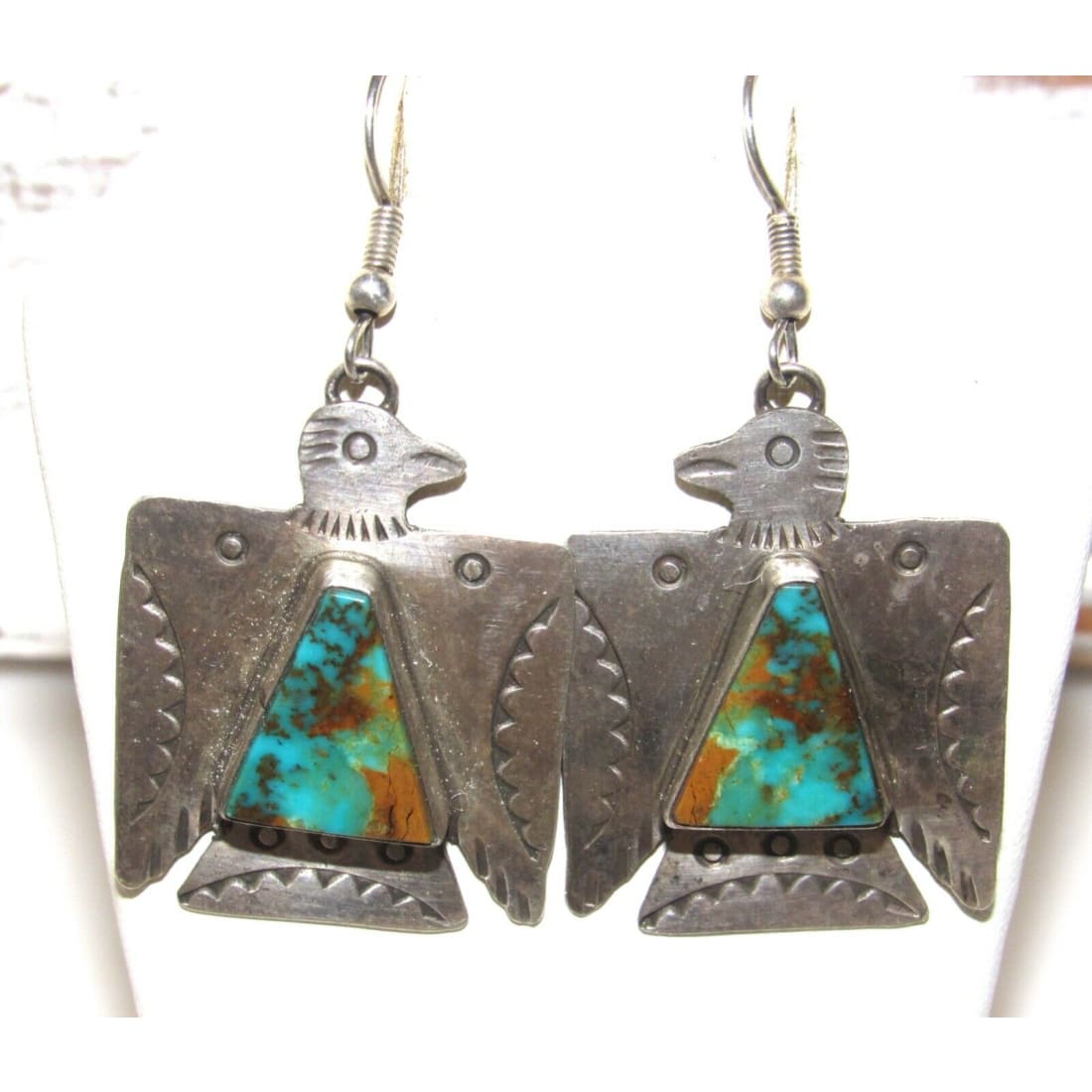 NAVAJO Hand Stamped Sterling Silver Royston Turquoise Thunderbird EARRINGS Native American
