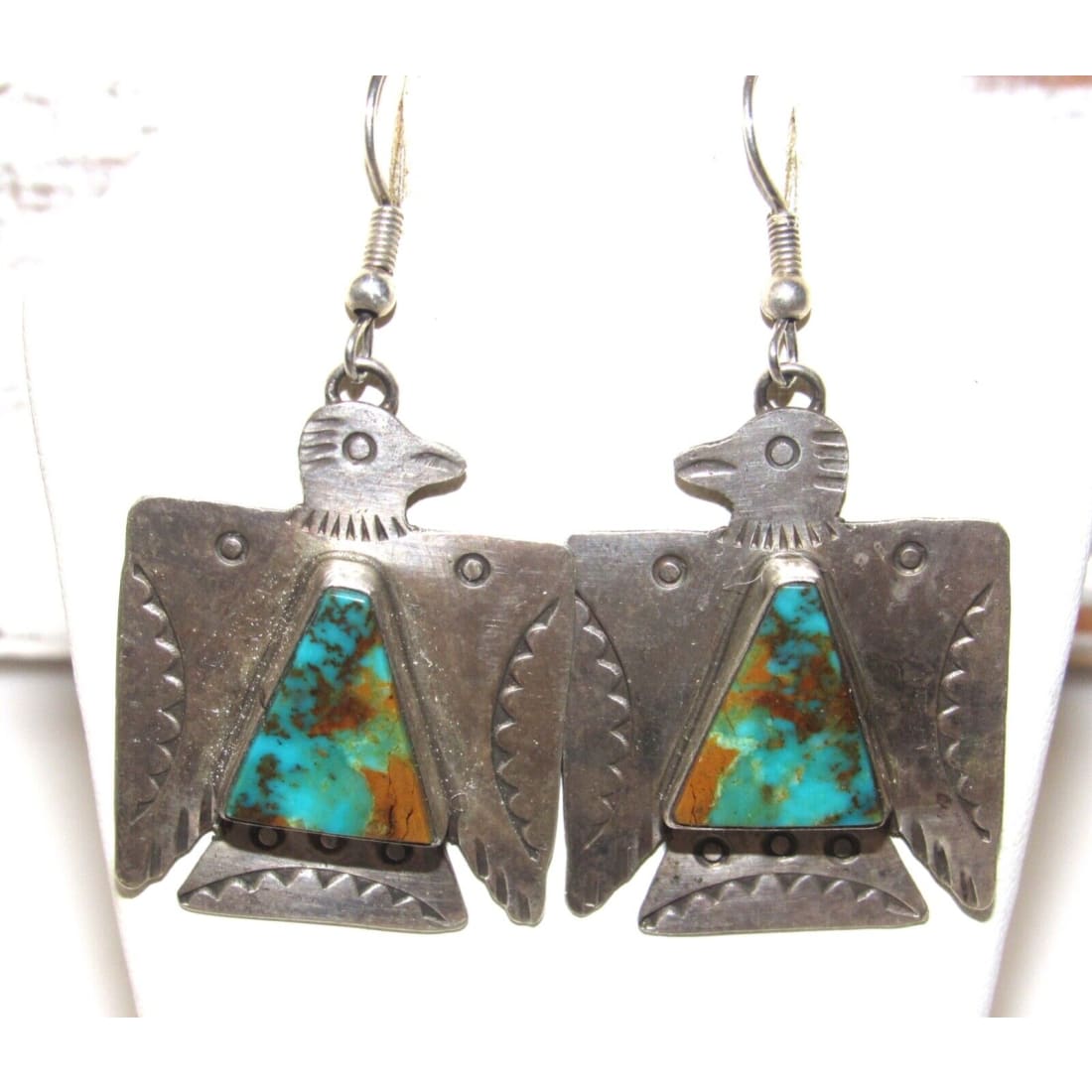 NAVAJO Hand Stamped Sterling Silver Royston Turquoise Thunderbird EARRINGS Native American