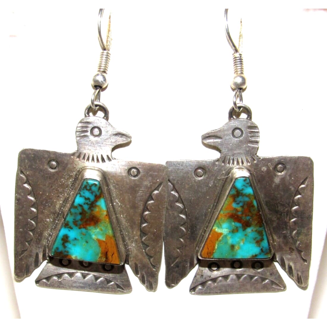 NAVAJO Hand Stamped Sterling Silver Royston Turquoise Thunderbird EARRINGS Native American