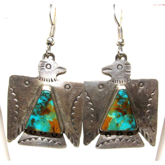 NAVAJO Hand Stamped Sterling Silver Royston Turquoise Thunderbird EARRINGS Native American