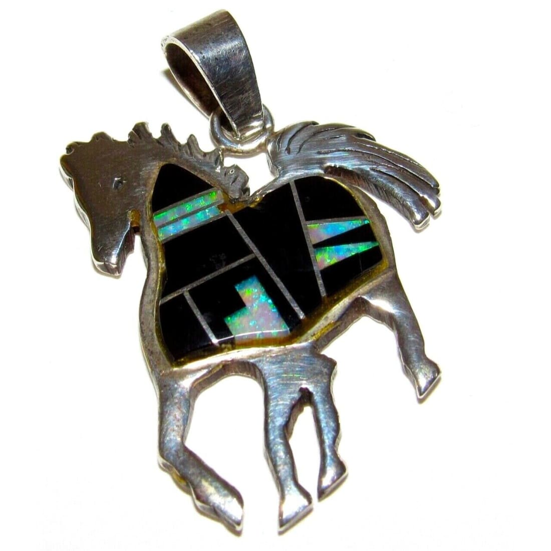 Navajo Horse Pendant Opal Jet Inlay Sterling Silver Native 