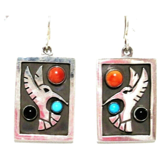 Navajo Hummingbird Dangle Earrings Aaron John Sterling Turquoise Coral Jet Native American
