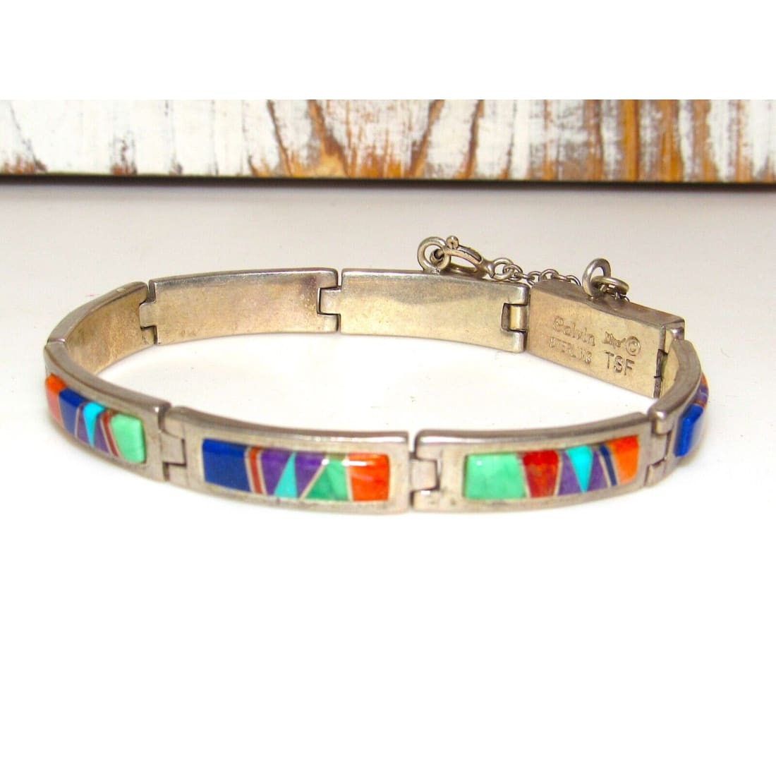Navajo Inlay Link Bracelet Sterling Silver Calvin Begay 
