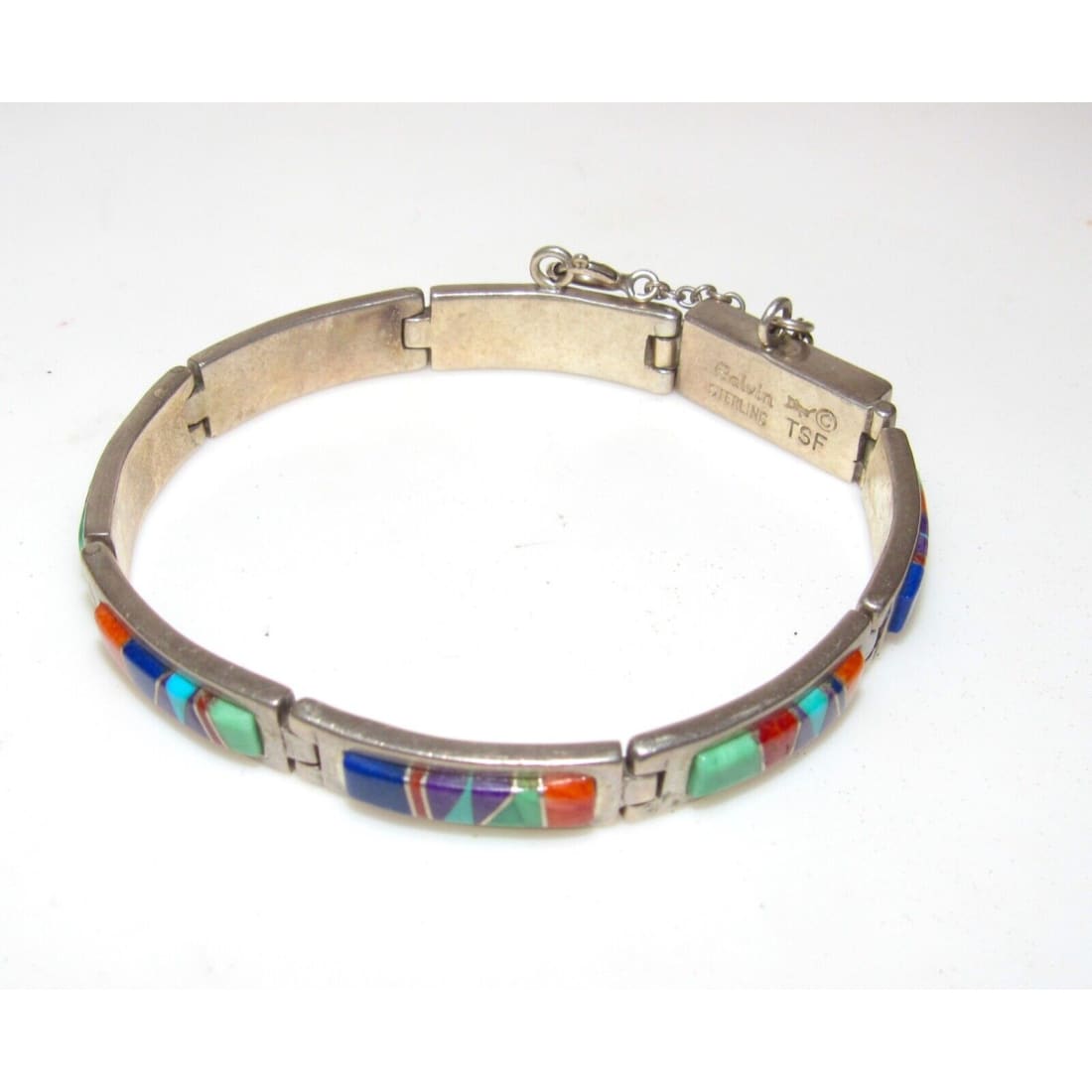 Navajo Inlay Link Bracelet Sterling Silver Calvin Begay 