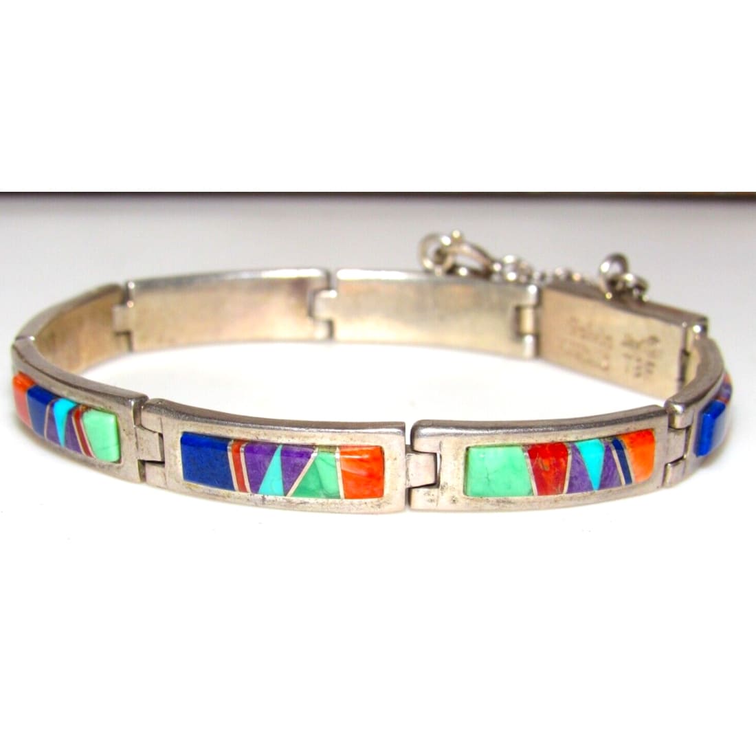 Navajo Inlay Link Bracelet Sterling Silver Calvin Begay 